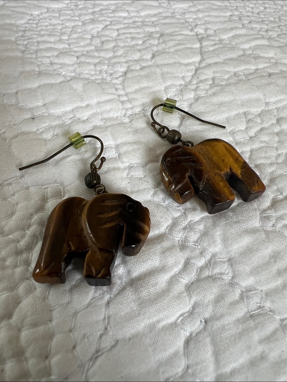 Carved Elephant Drop Earrings in Brown Amber Tones